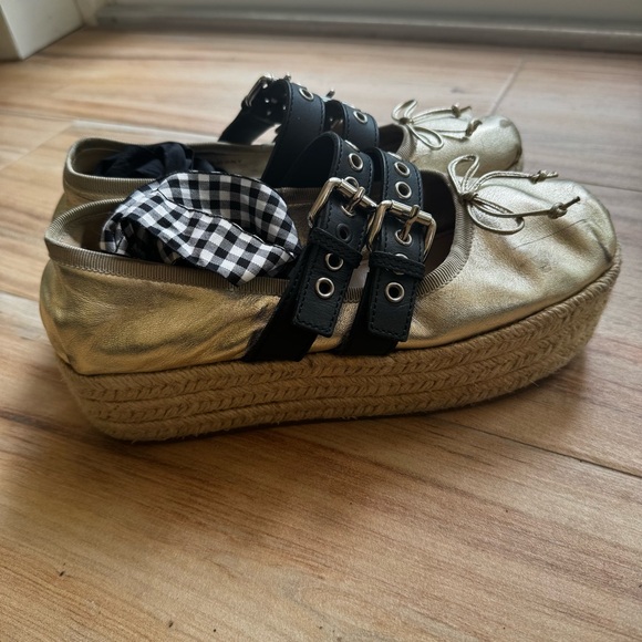 Miu Miu Gold ballet Platform Espadrille Shoes - Picture 4 of 7